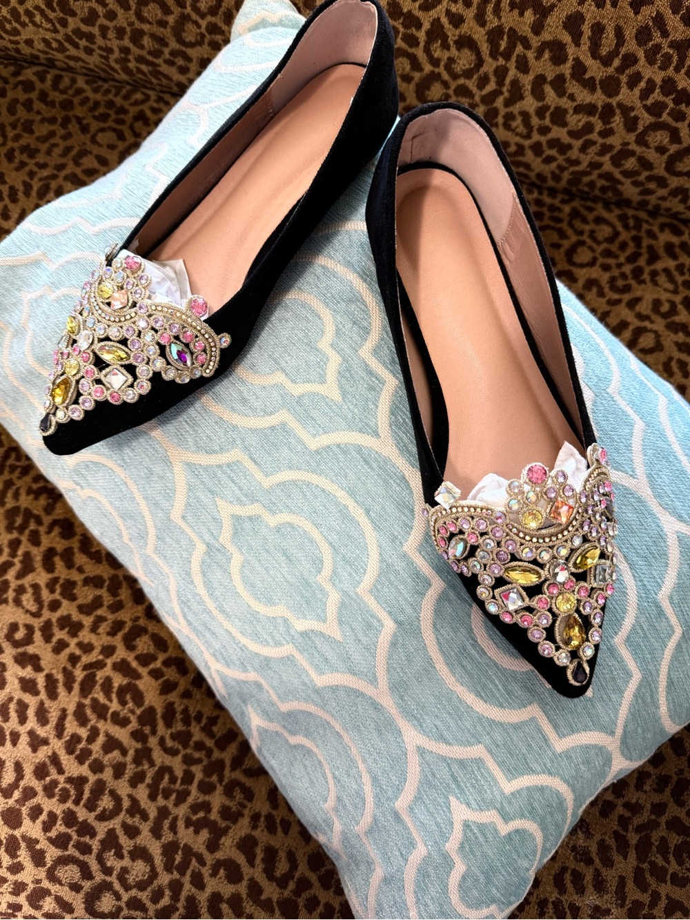 NEW Jewel Adorned Point Toe Black Flats- 7/38